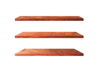 Beautiful brown wood shelves isolated on white background with copy space and clipping path for your product or design