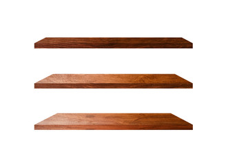 Beautiful brown wood shelves isolated on white background with copy space and clipping path for your product or design