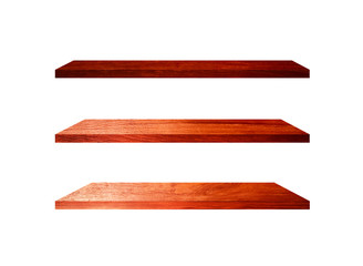 3 Retro wood shelves isolated on white background with copy space and clipping path for work