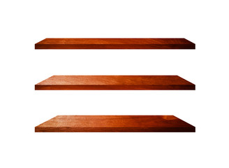 3 Retro wood shelves isolated on white background with copy space and clipping path for work