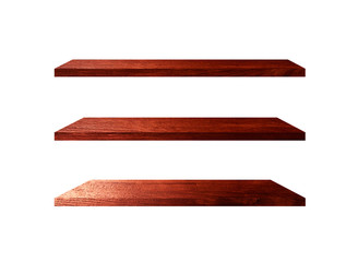 3 Retro wood shelves isolated on white background with copy space and clipping path for work