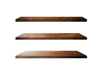 3 Retro wood shelves isolated on white background with copy space and clipping path for work