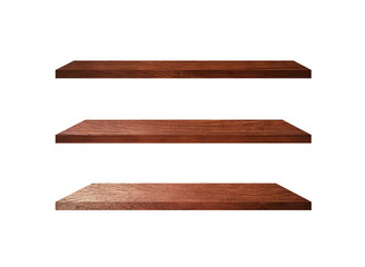 3 Retro wood shelves isolated on white background with copy space and clipping path for work