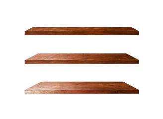 3 Retro wood shelves isolated on white background with copy space and clipping path for work