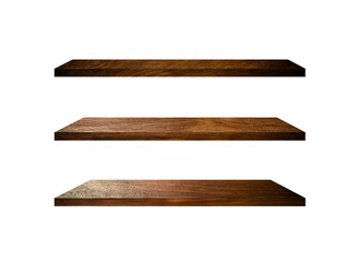 3 Retro wood shelves isolated on white background with copy space and clipping path for work