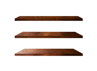 3 Retro wood shelves isolated on white background with copy space and clipping path for work