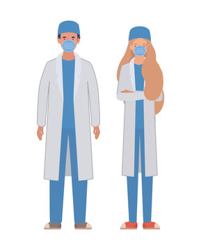 Man and woman doctor with uniforms and masks vector design