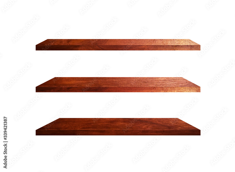 Wall mural 3 Retro wood shelves isolated on white background with copy space and clipping path for work