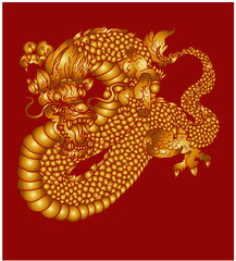 Hand drawn Chinese dragon isolate on red backgroundgold dragon tattoo Japanese style.Gold Dragon raoring.