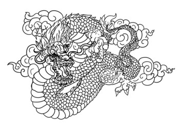 Hand drawn Chinese dragon isolate on white background.red dragon tattoo Japanese style.
