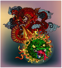 Chinese Dragon fighting with Corona virus monster.Hand drawn and illustration design for tattoo.Dragon spewing fire power to Covid-19