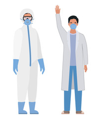 Doctors with protective suits glasses and masks against Covid 19 vector design