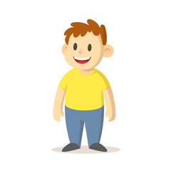 Smiling boy standing straight, cartoon character design. Colorful flat vector illustration, isolated on white background.