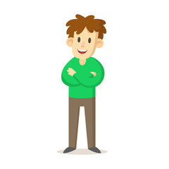 Smiling young man wearing green sweater standing with his arms crossed, cartoon character design. Colorful flat vector illustration, isolated on white background.