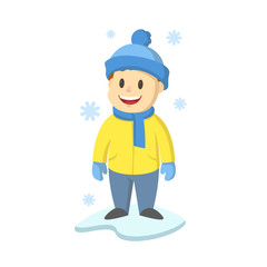 Smiling boy in winter hat standing under the snow, cartoon character design. Colorful flat vector illustration, isolated on white background.