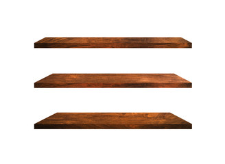 Group of old wood shelves isolated on white background with copy space and clipping path for work. Used for display or montage your products, top view