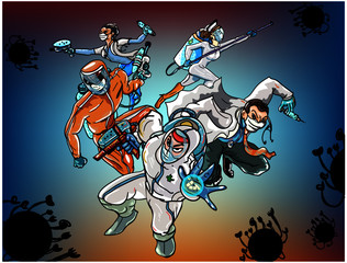 Covid-19 doctor superheroes are fighting corona virus pandemic monster to protect a patient.Doctor in PPE suit fighting with COVID monster.