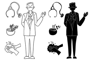 cartoon doctor isolate and silhouette vector.