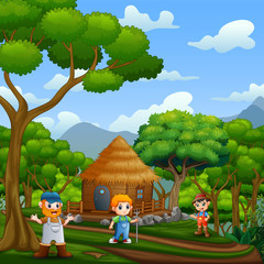 Background scene with the farmers and wooden cottage in the forest