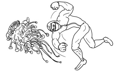 Covid-19 doctor superheroes are fighting corona virus pandemic monster to protect a patient.Doctor in PPE suit fighting with COVID monster.