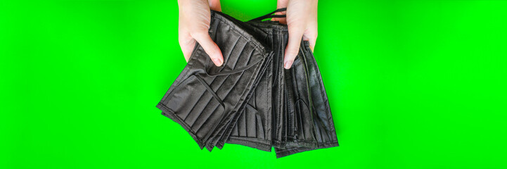 face masks for virus protection, health safety black color. background, top view. copy space for text