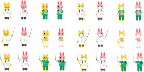 猫とウサギ　医療従事者のヴァリエーション
　医者・看護師・検査技師のイラスト