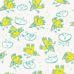 Pattern with birds and clouds. Calligraphy. Color vector illustration. Can be used for wrapping paper, wallpaper, fabric, gift wrap, backgrounds.