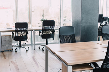 office chair near the desktop with office. new workplace concept
