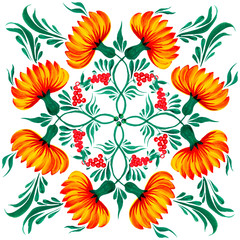 Ornament in a rectangle, Petrikov painting. Flowers of Ukrainian tradition. Design. Frame