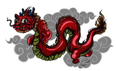 Red baby dragon isolate and sticker design.Rdd Chinese dragon tattoo.baby demon coloring book.Asian baby dragon.