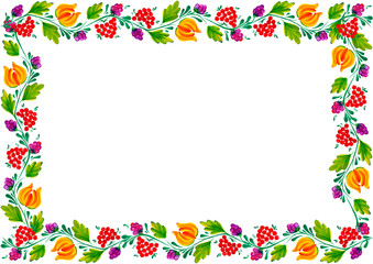 Ornament in a rectangle, Petrikov painting. Flowers of Ukrainian tradition. Design. Frame