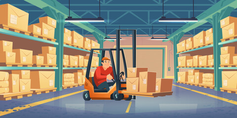 Warehouse with worker, forklift and cardboard boxes on metal racks. Vector cartoon interior of storage room with goods on shelves, lift truck with driver. Storehouse in store, factory, market © klyaksun