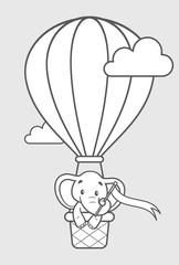 Vector black line baby boy elephant flying balloon. Holding flag. Light grey background.