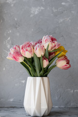 Colorful tulips in a white vase on the table on a light gray background.