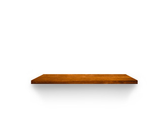 Empty wooden shelf isolated on white background for design with clipping path