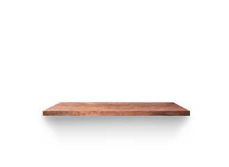 Empty wooden shelf isolated on white background for design with clipping path