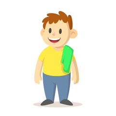 Smiling boy with a green towel over his shoulder, cartoon character design. Colorful flat vector illustration, isolated on white background.