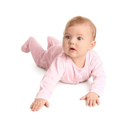 Cute baby in stylish clothes on white background