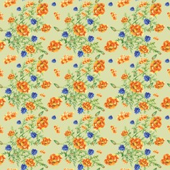 Floral seamless pattern from watercolor botanical illustrations of the flowers of marigold, black-browed, Tagetes erecta. Possible uses: printing on fabric, paper, backgrounds