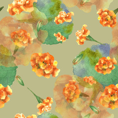 Floral seamless pattern from watercolor botanical illustrations of the flowers of marigold, black-browed, Tagetes erecta. Possible uses: printing on fabric, paper, backgrounds