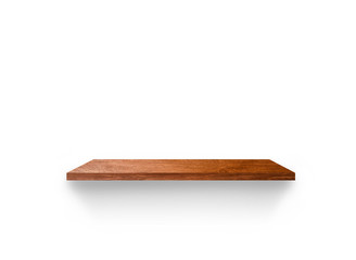Front view of wooden shelf isolated on white background with clipping path for your product placement or montage