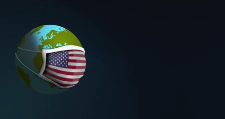 Earth globe breathing while wearing in medical face mask with USA flag on it for bacteria or virus protection. Concept of pandemic coronavirus. Isolated on black background - Powered by Adobe