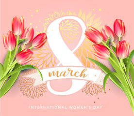 International Womens Day. Lettering design. 8 March Women's Day greeting card template with bouquet of tulip flowers in pink soft background with golden ornament lettering Vector illustration