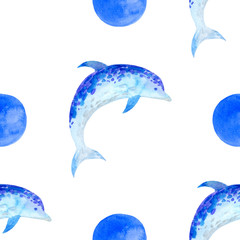 watercolor seamless pattern with dolphin on a white background