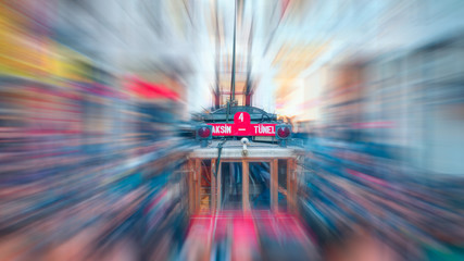 Abstract background of Nostalgic red retro tram on famous Istiklal street. Istiklal Street is a popular tourist destination in Istanbul.