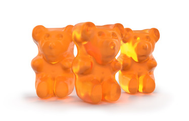 Gummy bears candy. Delicious, chewy jelly orange bears. Yummy gelatin candy. 3D rendering. Isolated on white background.