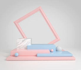 Fototapeta premium Abstract 3d Render Step Podium Pastel Blue And Pink With Frame 