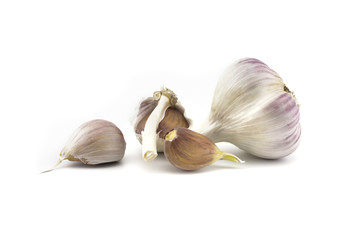 Garlic bulbs and cloves in close-up on white
