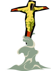 Pandemic disinfector man. Yellow suit. Ascension. Sticker