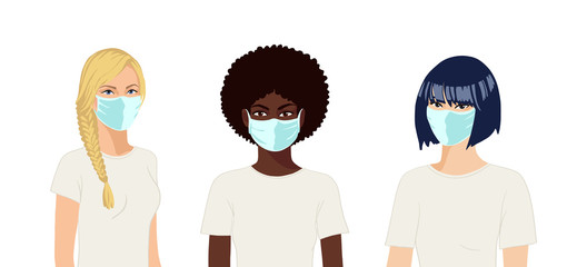 Fototapeta premium European, african, asian women with medical masks. Coronavirus protection concept. Realistic female group portrait on white background. Flat hand drawn vector illustration.